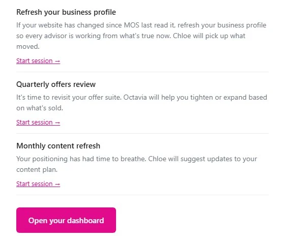 Email reminders: refresh your business profile, quarterly offers review, monthly content refresh